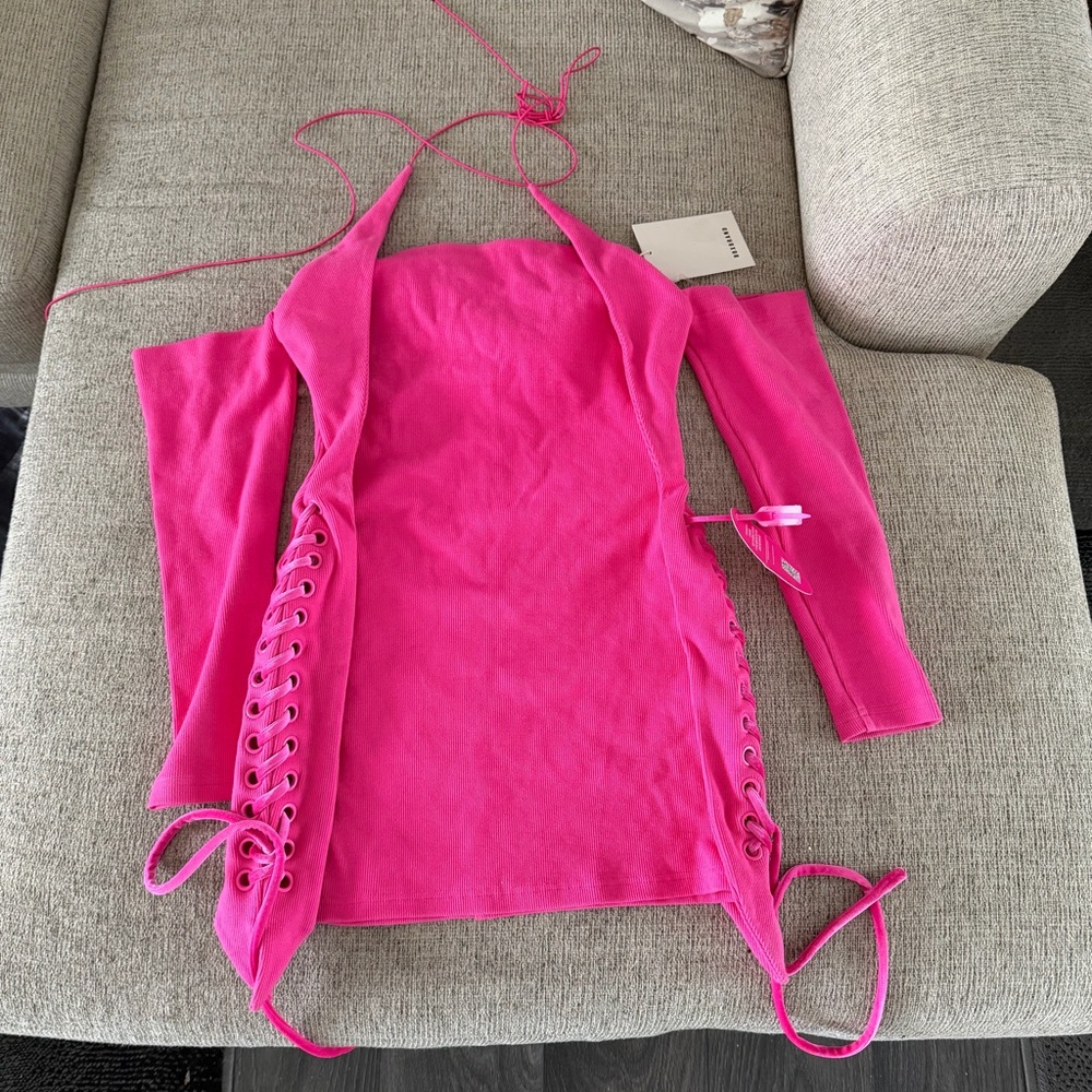 Hot Pink Lace-Up Halter Mini Dress with Off-Shoulder Sleeves
